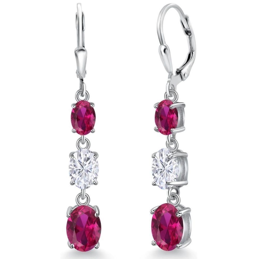 925 Sterling Silver with 5.50 Cttw 3 Stone Ruby and White Moissanite Earrings